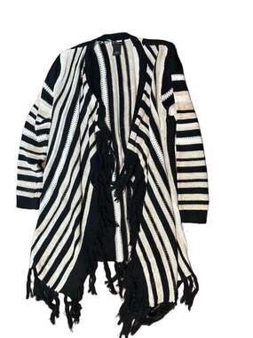Black and White Striped Open Front Fringe Cardigan Sweater Size XL